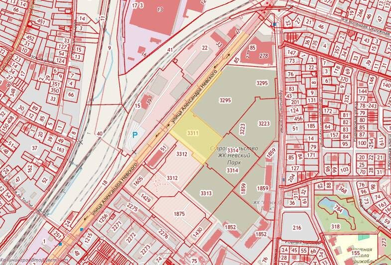 Иллюстрация — скриншот публичной кадастровой карты. Участок под застройку выделен желтым цветом