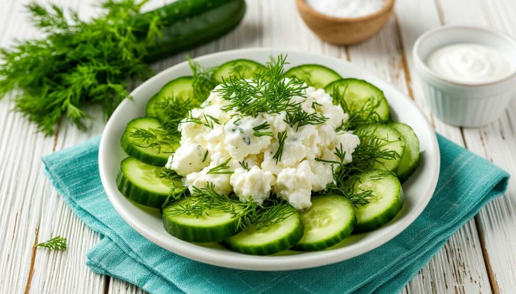 Салат с творогом, зеленью и огурцами