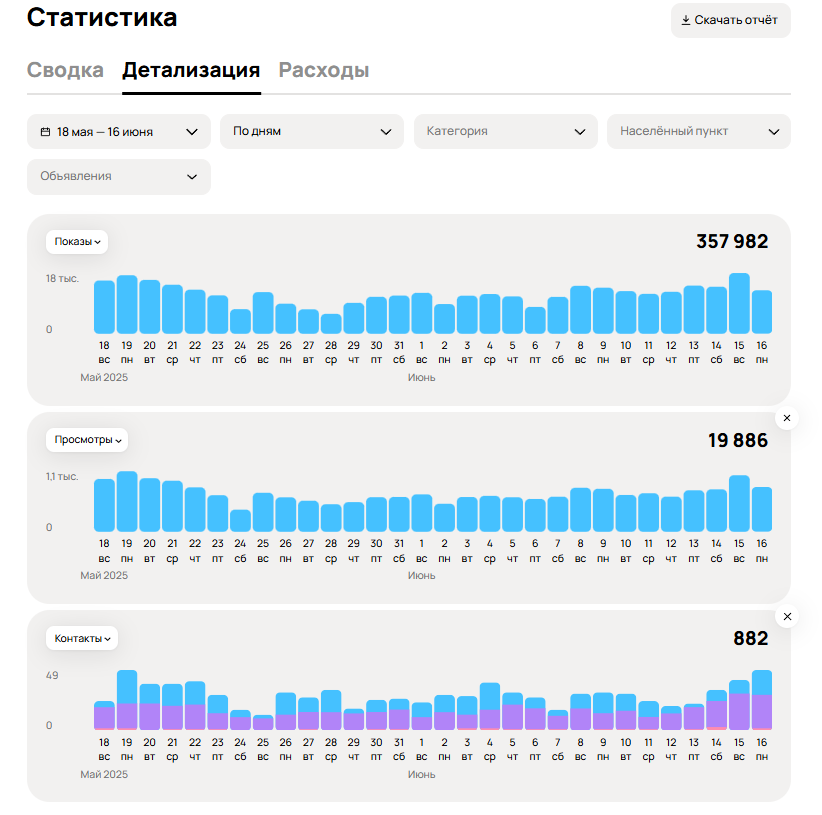 Скриншот окна статитистики Авито