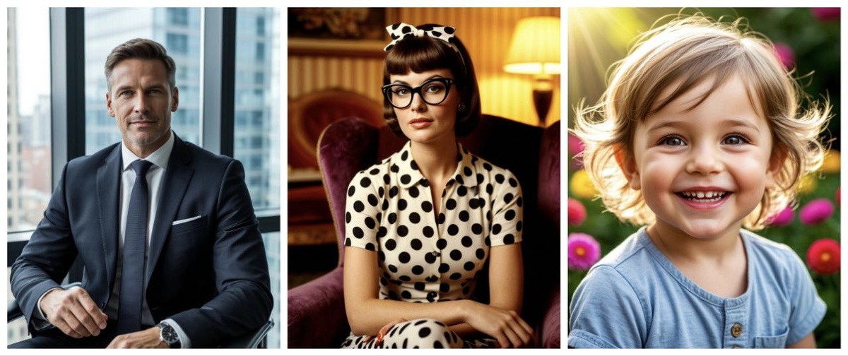 Сгенерированный портрет бизнесмена / женщины в стиле 60-х / ребёнка 