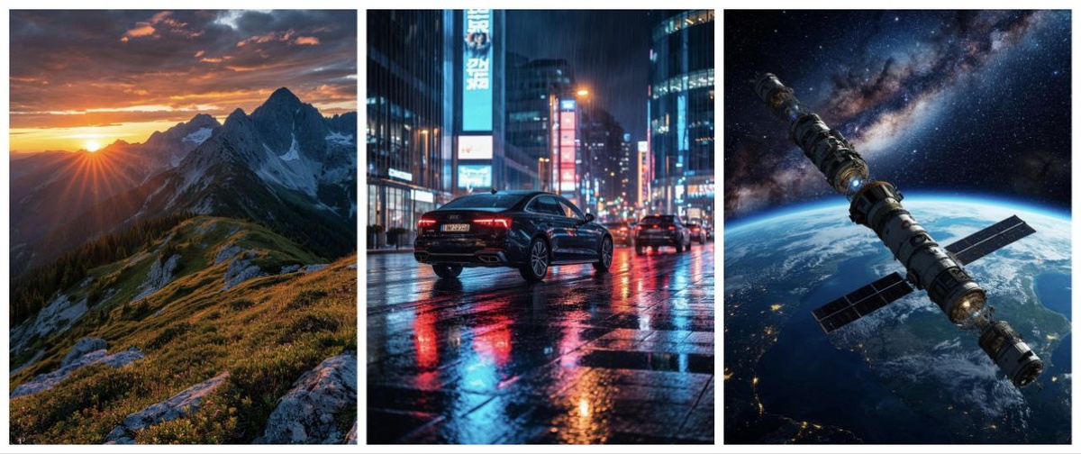 Закат в горах / Улица ночного города / Космическая станция над планетой