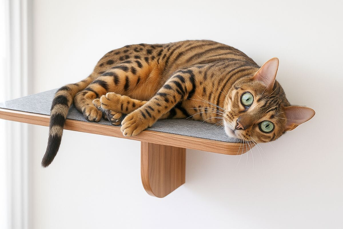 Любопытный котик лежит на полке 