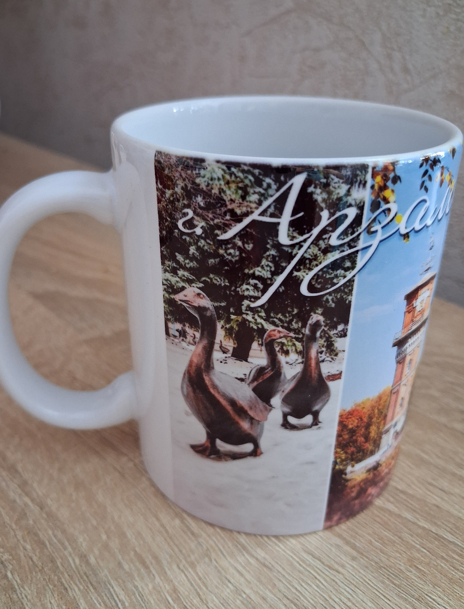 Сувенир-кружка с видами Арзамаса, и в том числе символом города - гусём. Фото автора.