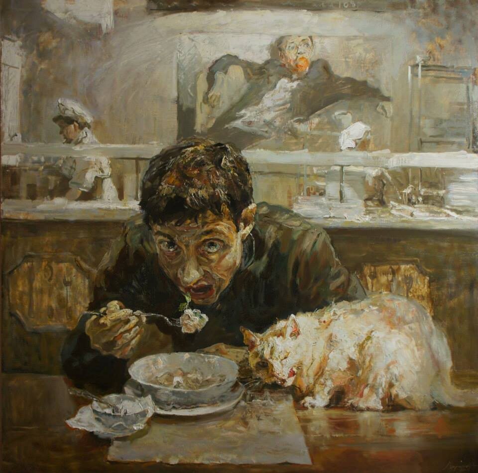 КАРТИНА ХУДОЖНИКА КОНСТАНТИНА ЛУПАНОВА ПОД НАЗВАНИЕМ "  В ПЕЛЬМЕННОЙ С КОТОМ "