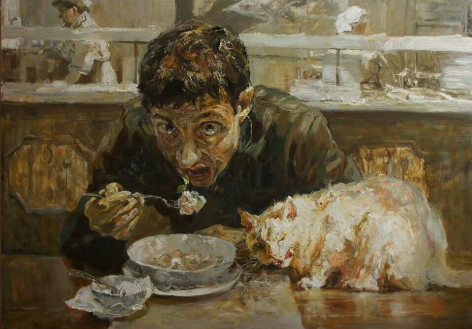 ФРАГМЕНТ КАРТИНЫ ХУДОЖНИКА КОНСТАНТИНА ЛУПАНОВА ПОД НАЗВАНИЕМ "  В ПЕЛЬМЕННОЙ С КОТОМ "