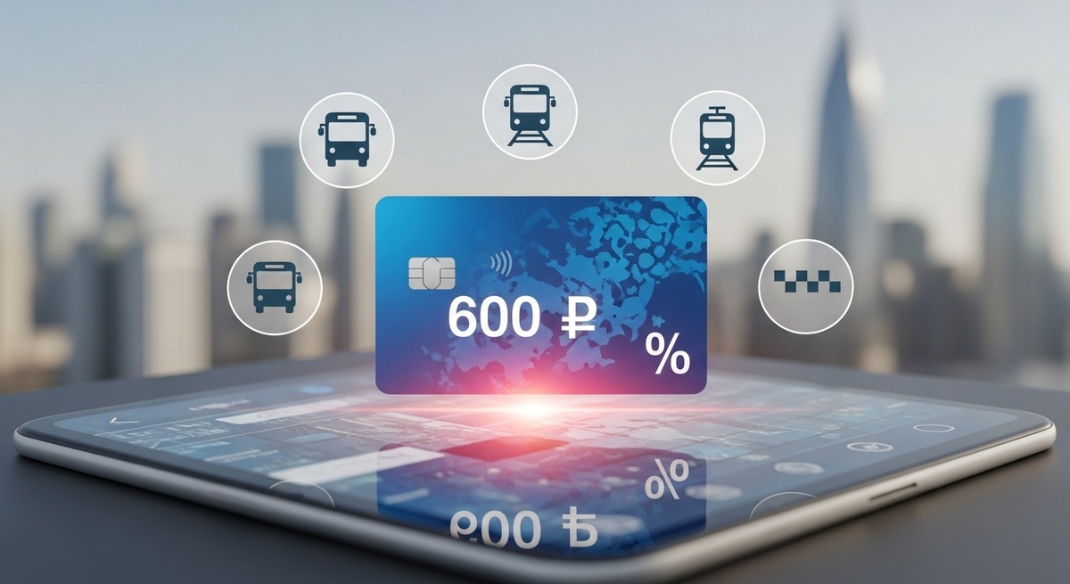 Банковская карта с кэшбэком до 600 ₽ на фоне городской панорамы и иконок транспорта (автобус, такси, метро). Узнайте подробности об акциях и условиях кэшбэка в категории «Транспорт» на сайте или в приложении Альфа Банка.