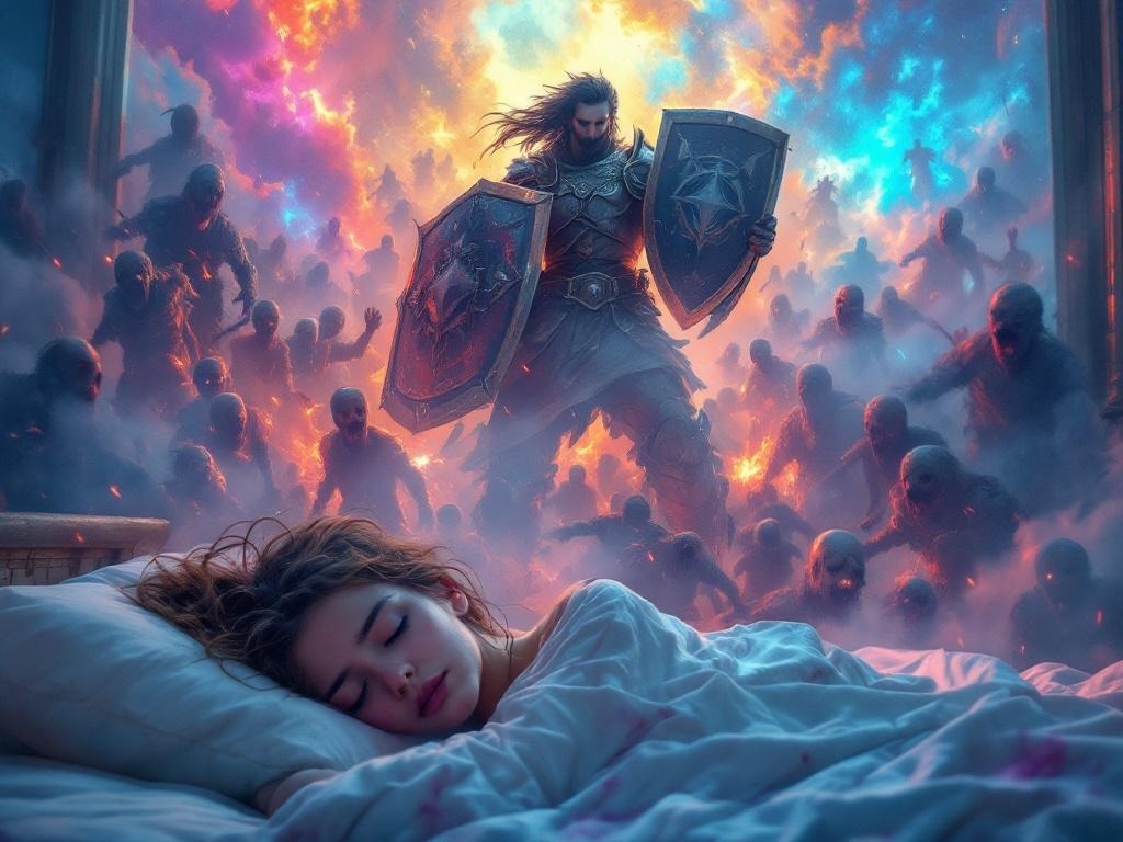    К чему такое снится: Лунтик в центре картины, отважно борется с группой зомби, используя различные предметы для защиты. Возле него защищаемый человек, виднеющийся за его спиной. Вокруг н