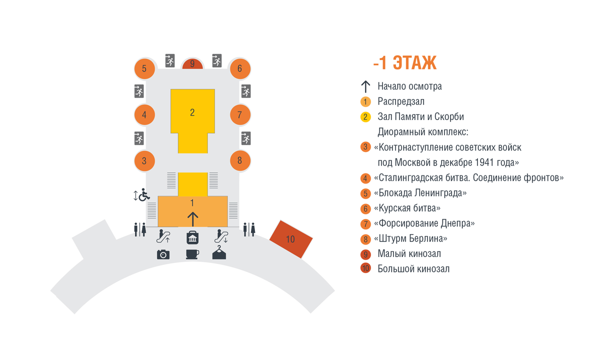 Схема залов Музея Победы  -1 этаж