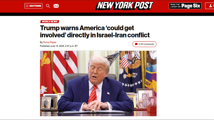    Трамп в воскресенье предупредил, что США могут принять непосредственное участие в израильско-иранском конфликте, если ситуация продолжит обостряться. Скриншот: New York Post