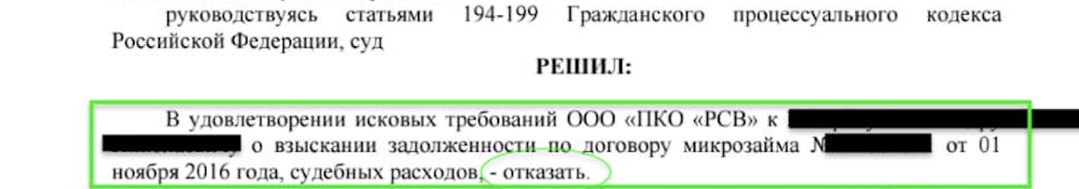 Добились удовлетворения нашего возражения в суде. Суд избавил от долга в МФО.