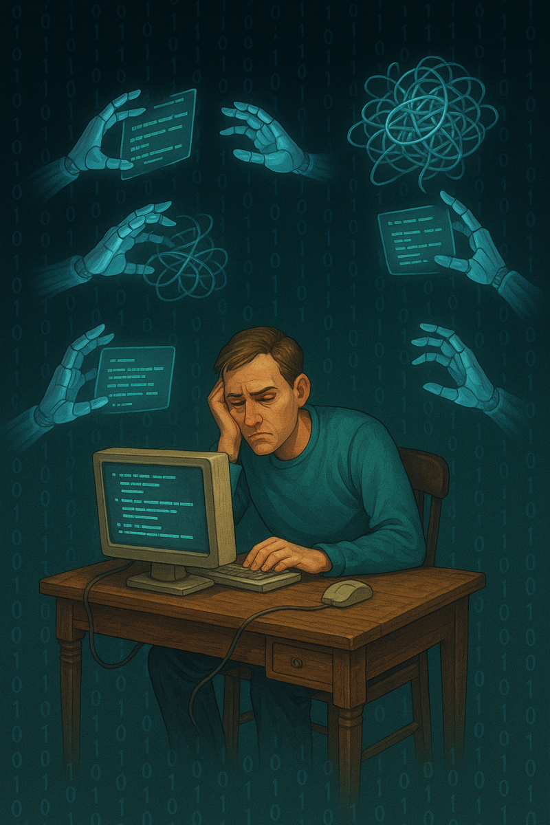 Измученный программист среди парящих роботизированных ладоней с путаным, распадающимся кодом иллюстрирует разочарование автора в ИИ-инструментах, требующих такой же кропотливой проверки, как и ручная работа.