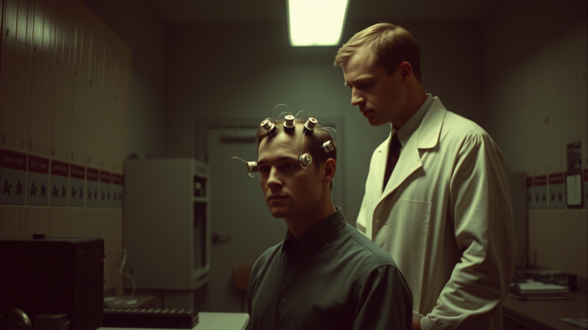 Эксперимент «Биокоммуникация», 1975 год. Испытуемый №17 пытается передать мысленный образ через стену (ген.AI)