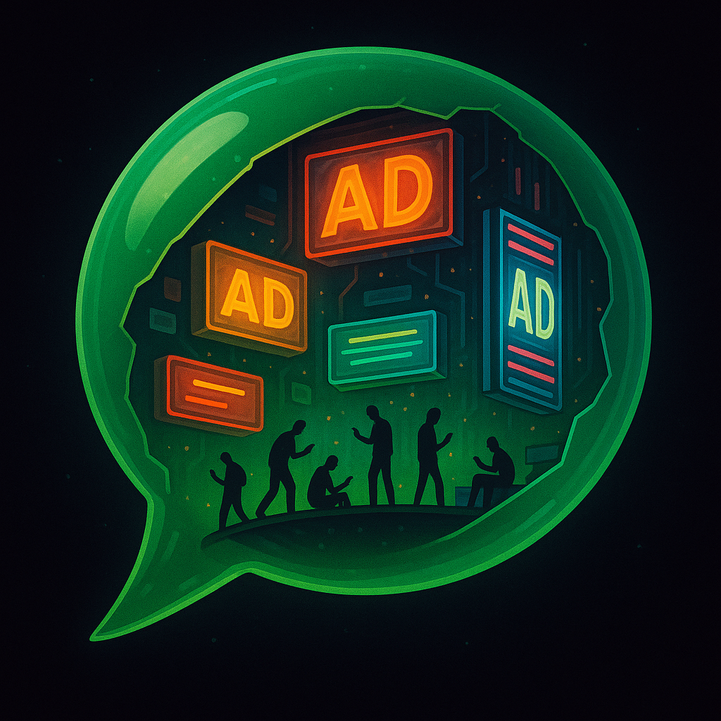 Внутри треснувшего пузыря-иконки WhatsApp теснятся неоновые рекламные щиты, заливая светом силуэты пользователей — визуальный образ того, как объявления проникают в привычное пространство чатов.