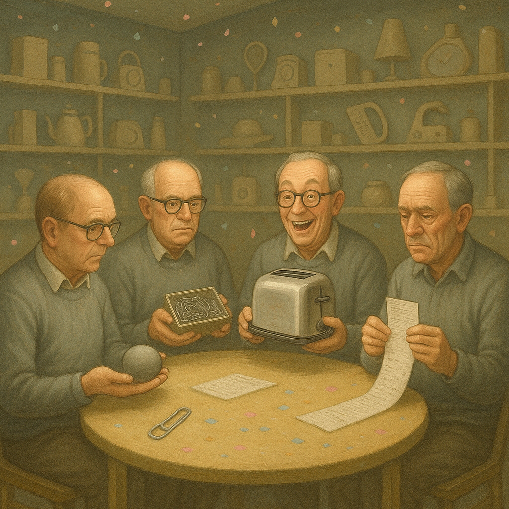 Четверо пожилых джентльменов с восторгом демонстрируют камень, скрепку, тостер и длинный чек — апофеоз «банального великолепия», которым участники Dull Men’s Club делятся друг с другом.