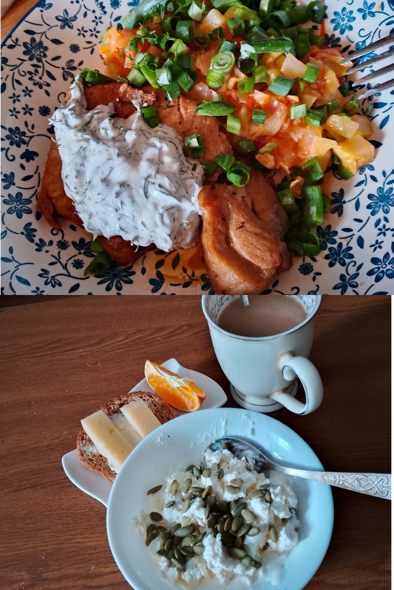 Завтрак и обед, потом ещё окрошку чуть поела, небольшая порция вермишели с котлетой куриной и грибами