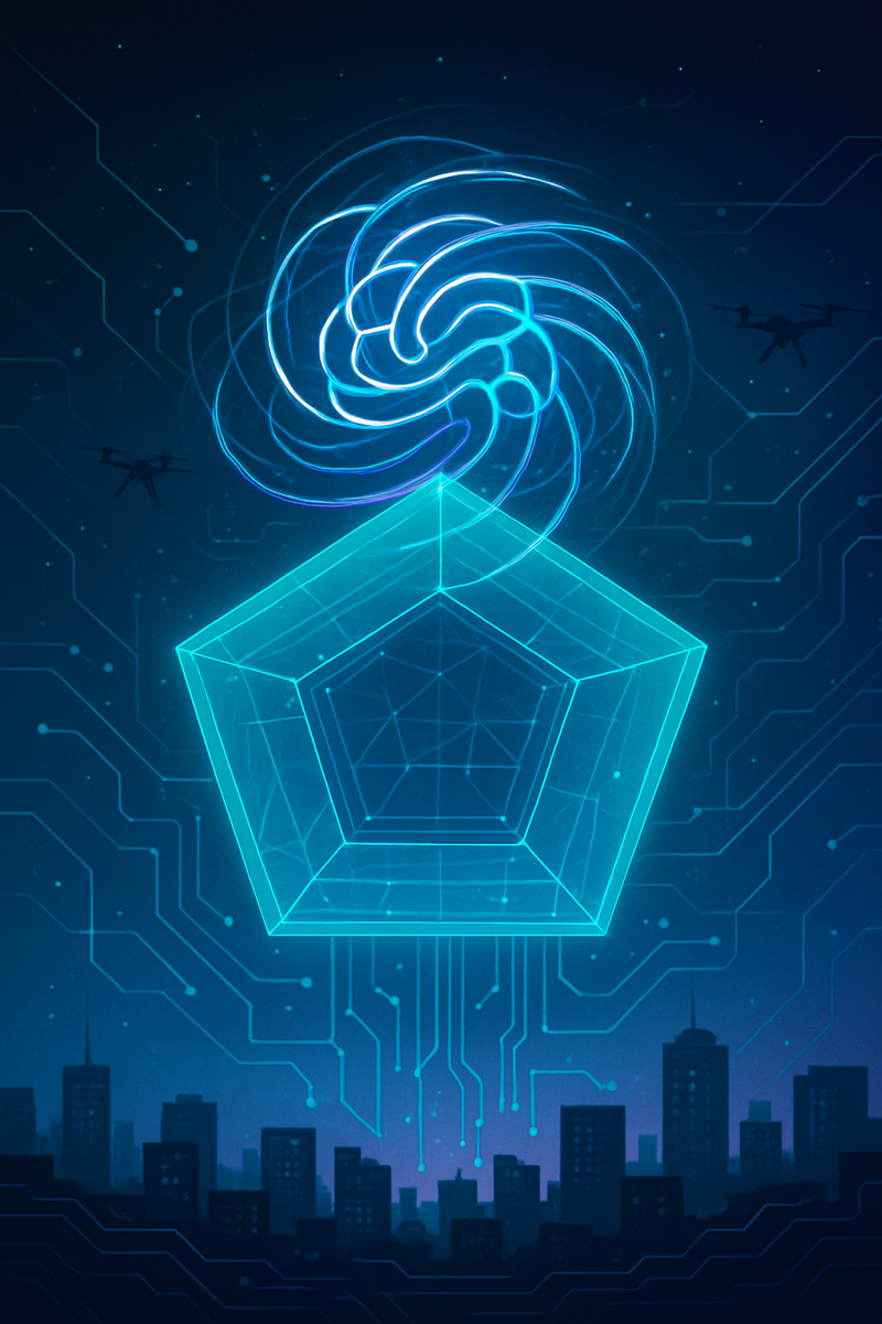 Голографический пятиугольник-Пентагон, опутанный сияющей спиралью нейросети и беспилотниками, возвышается над ночным городом — символ контракта OpenAI на внедрение ИИ в оборону США.