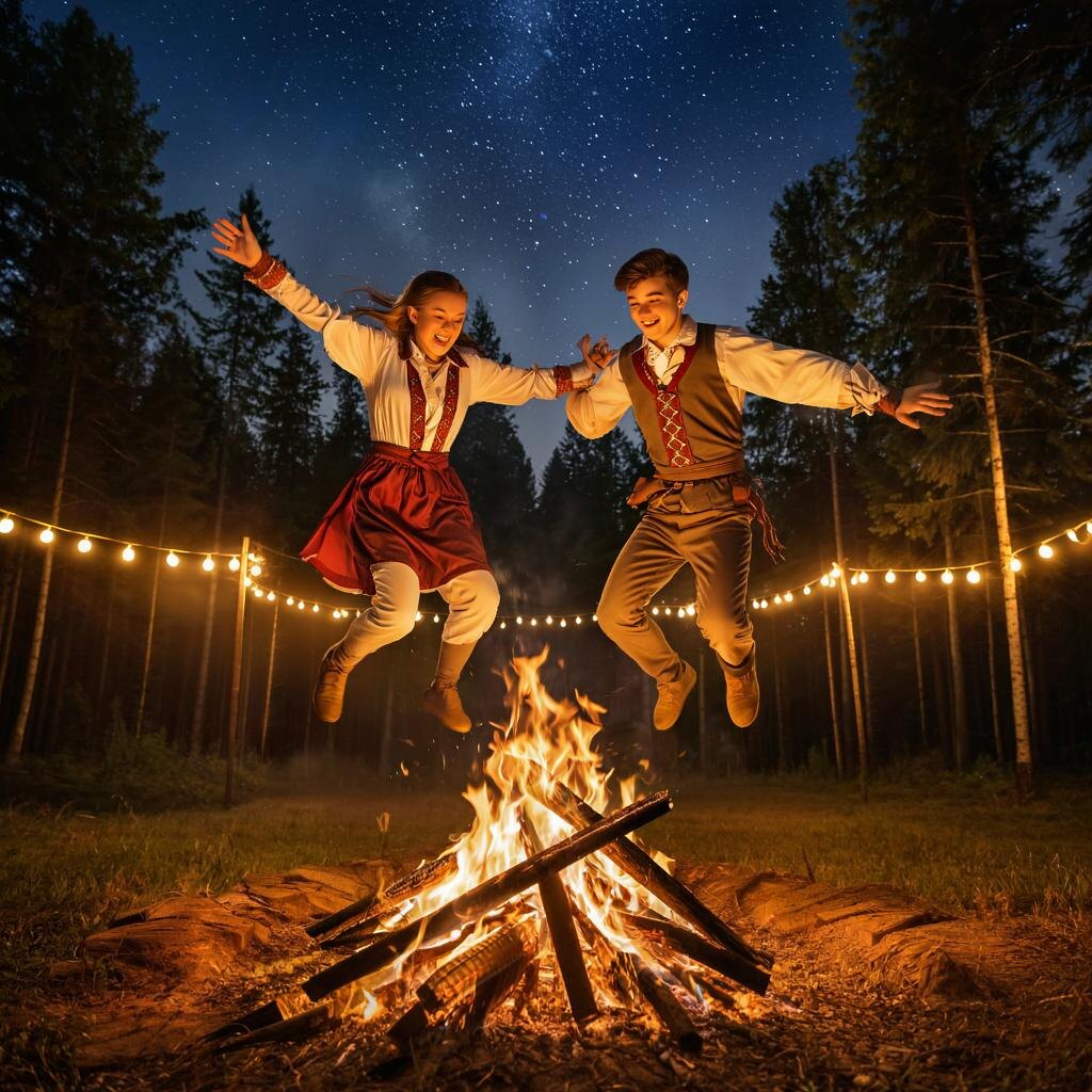 Молодая пара прыгает через костёр