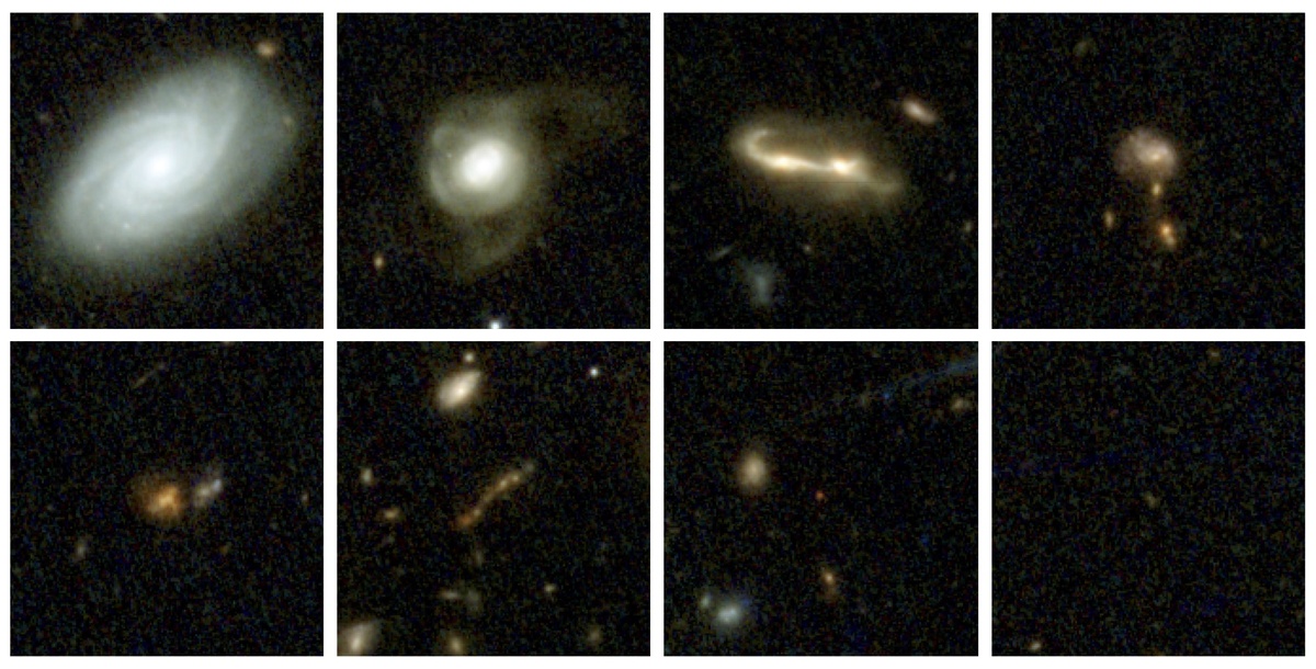 Примеры галактик, выбранных из мозаичного изображения COSMOS-Web, охватывающего 98% истории Вселенной.