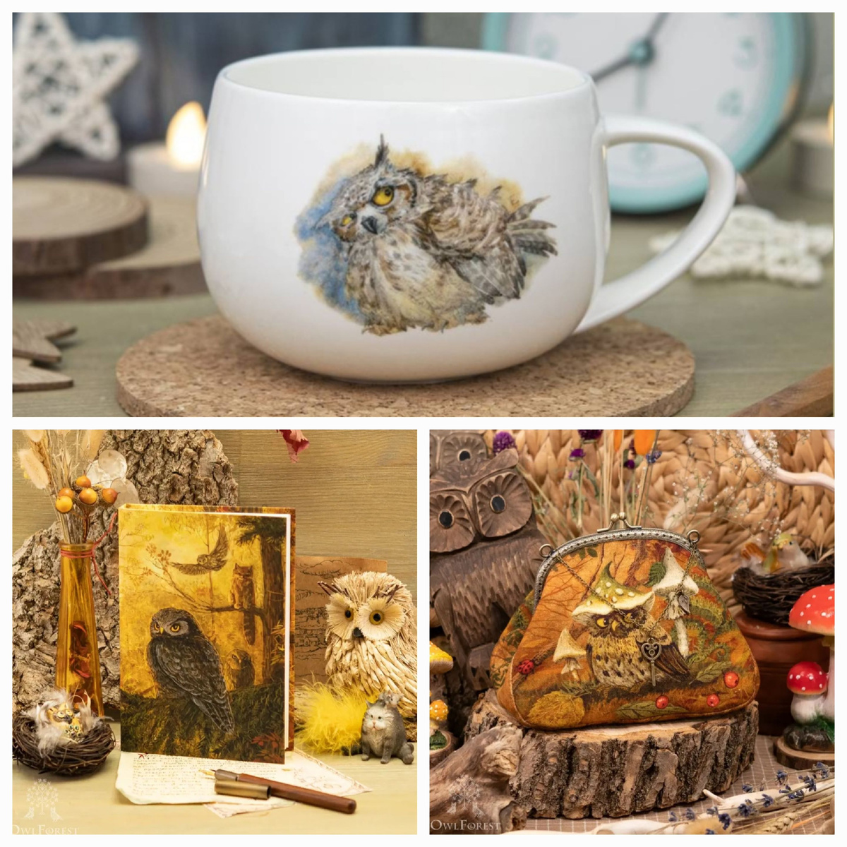 Чашка, ежедневник и клатч от марки " Совиный лес". Материал: сайт "Совиный лес". Коллаж автора статьи.