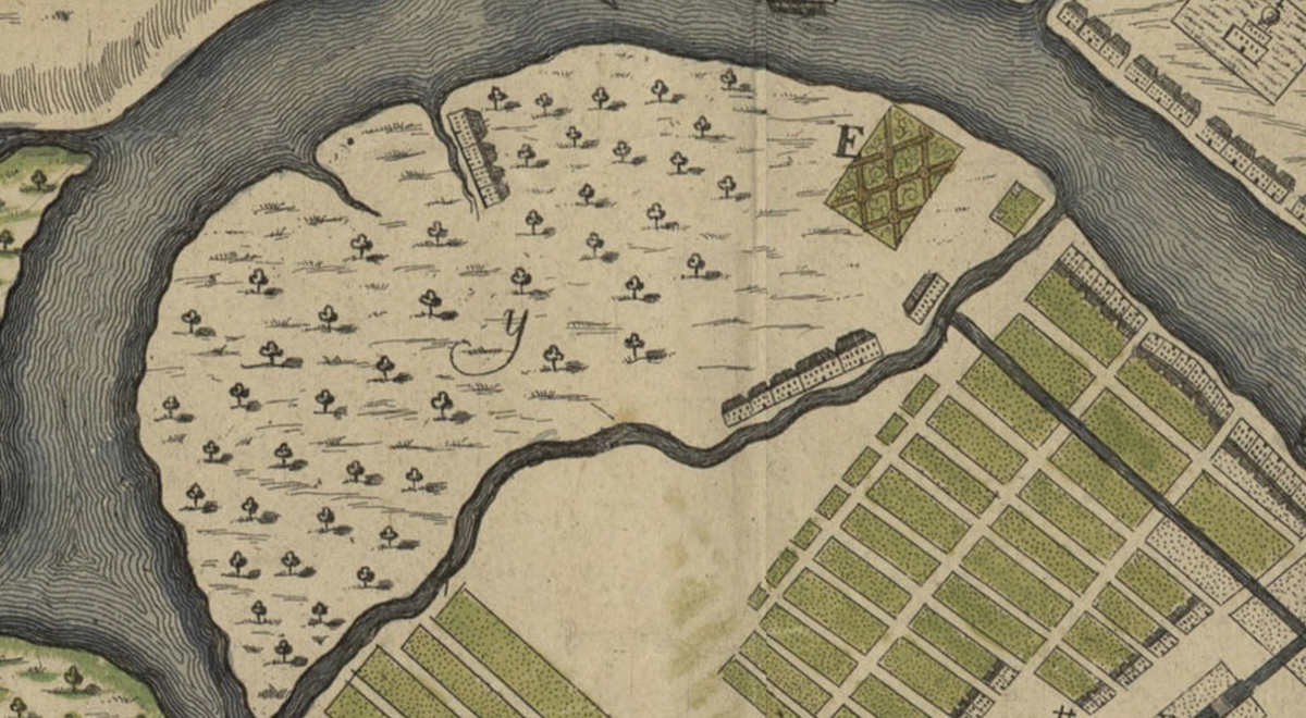 Аптекарский остров на "Плане крепости и местоположения Санкт-Петербурга". Гравюра на меди раскрашенная от руки.  Автор: берлинский гравер Георг Пауль Буш.
План отражает как фактическую, так и планируемую застройку.
Около 1721 года.