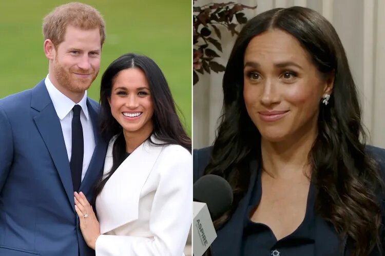 (Слева) Принц Гарри и Меган Маркл на фотосессии, посвящённой объявлению о их помолвке, в Затопленных садах Кенсингтонского дворца 27 ноября 2017 года в Лондоне; (справа) Меган Маркл в подкасте «Aspire с Эммой Гред»