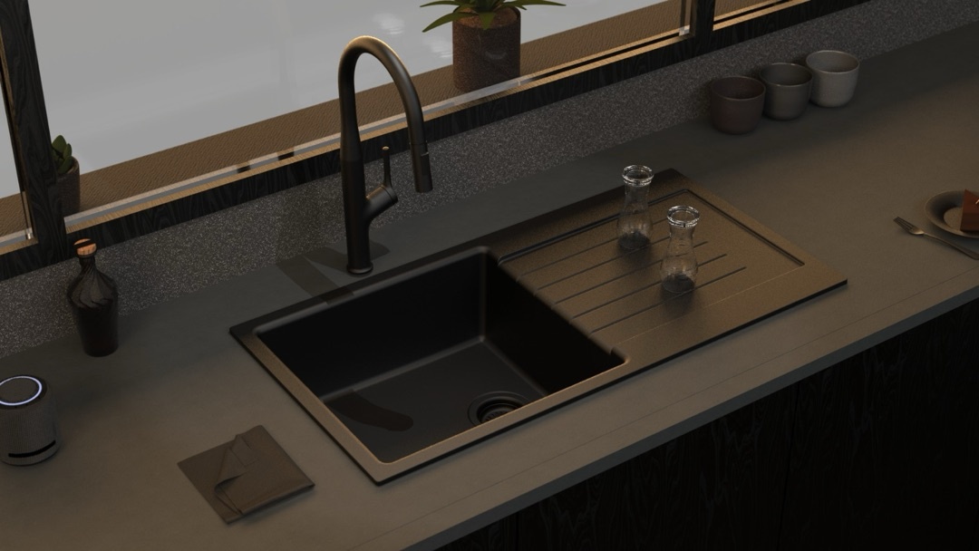 Дуэт тёмного смесителя и мойки Longran выглядит в интерьере особенно стильно и лаконично