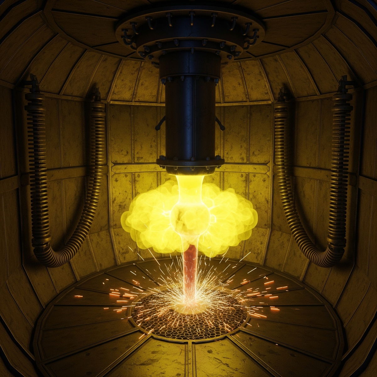 Термоядерный синтез в представлении нейросети. Картинка получилась не так уж далека от реального вида процесса: для термоядерного синтеза необходима высокая температура и давление, которое пока что можно воспроизвести лишь в ограниченном пространстве и поддерживать ограниченное время