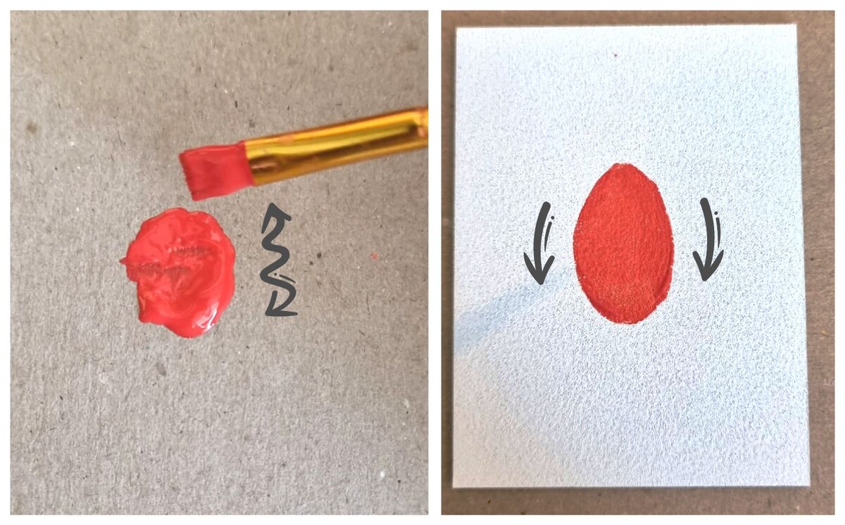 1 - топчемся кистью в краске                                      2 - рисуем овал (основа тюльпана)