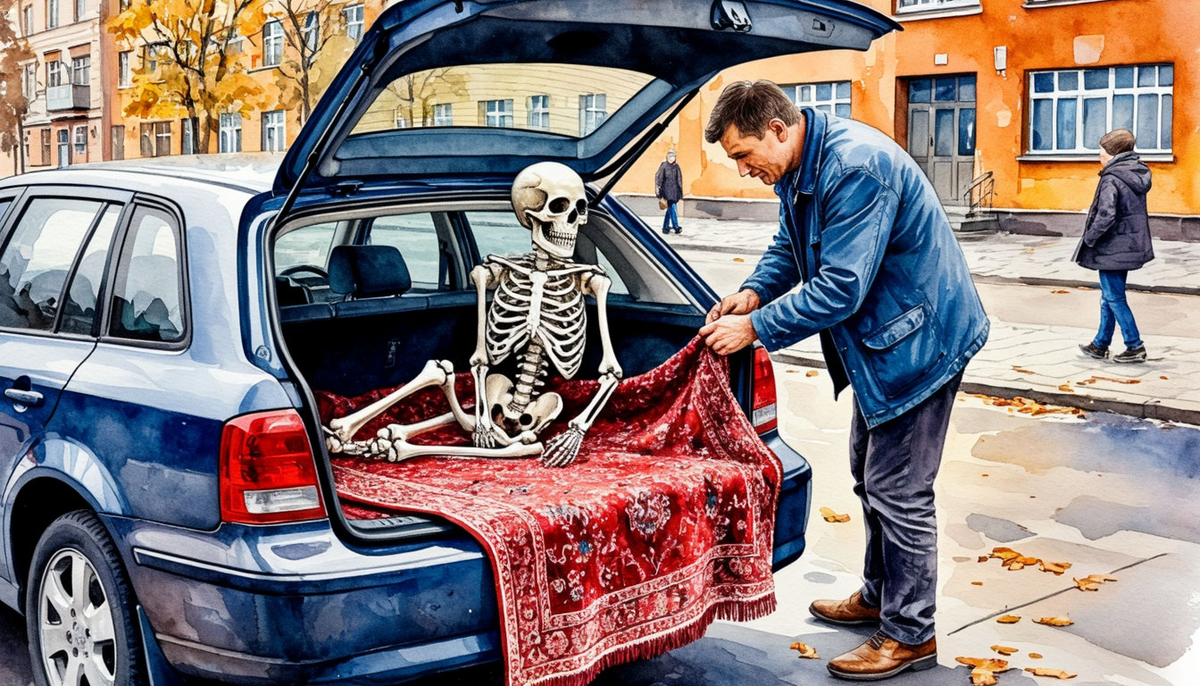 завернув экспонат в ковёр, как будто это не скелет, а антикварная ваза династии Мин