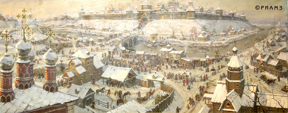 Наш город в 17 веке. На холме, окруженном реками, - кремль. 