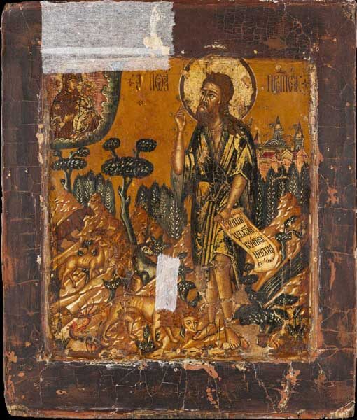 Икона до реставрации. СВЯТОЙ ИОАНН ПРЕДТЕЧА В ПУСТЫНЕ. Вторая половина XVII века. Центральная Россия. Дерево, темпера. 31 × 27 см. Собрание Музея им. Андрея Рублева