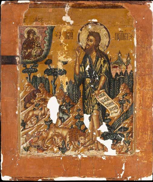 Икона в процессе реставрации. СВЯТОЙ ИОАНН ПРЕДТЕЧА В ПУСТЫНЕ. Вторая половина XVII века. Центральная Россия. Дерево, темпера. 31 × 27 см. Собрание Музея им. Андрея Рублева