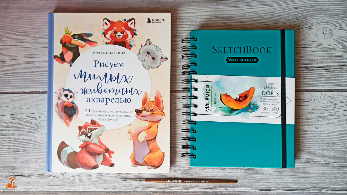 Книга "Рисуем милых животных акварелью", Софья Никулина, скетчбук для акварели и кисть от "Малевич"
