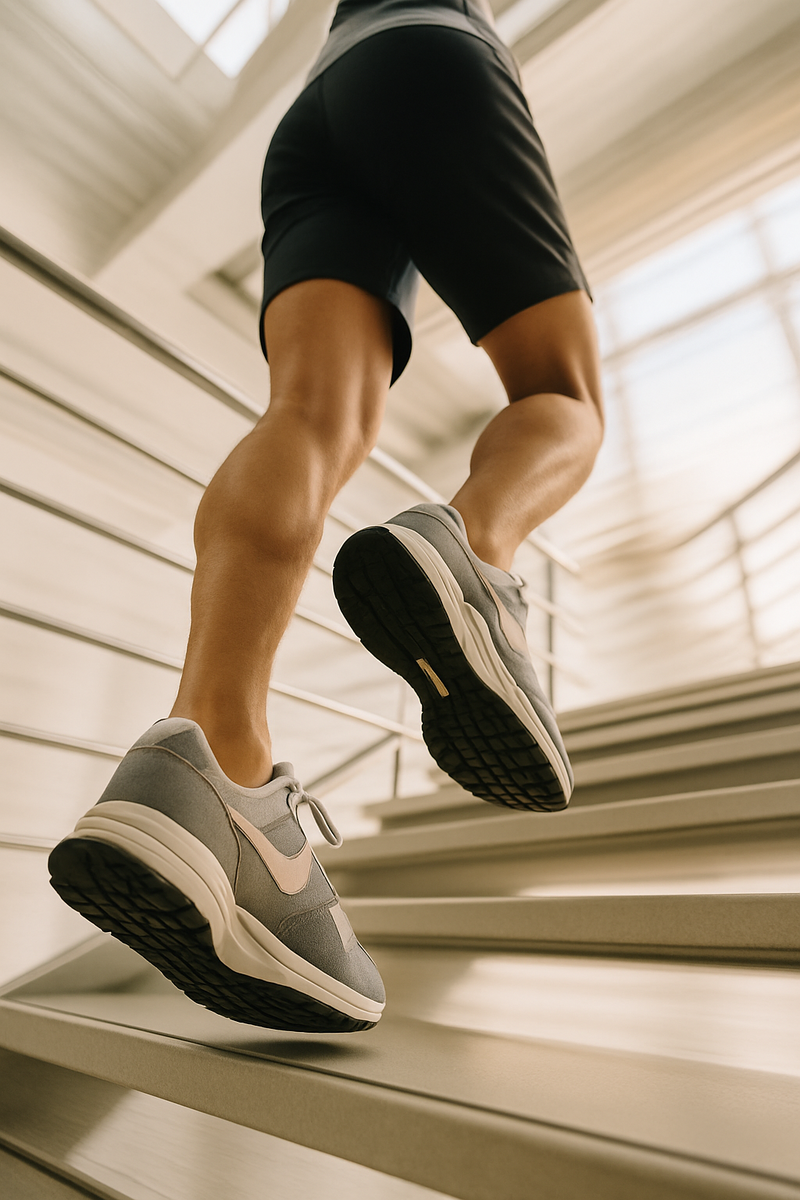 Человек поднимается по лестнице в спортивных кроссовках