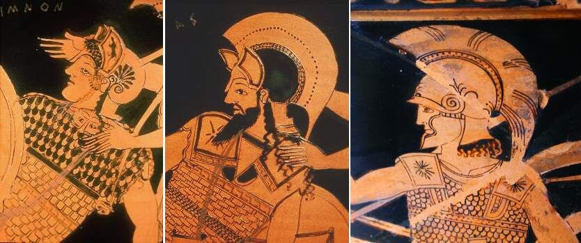Изображения шлемов на афинских вазах 1-й половины V в. до н. э. Источник: https://ru.wikipedia.org/wiki/Аттический_шлем