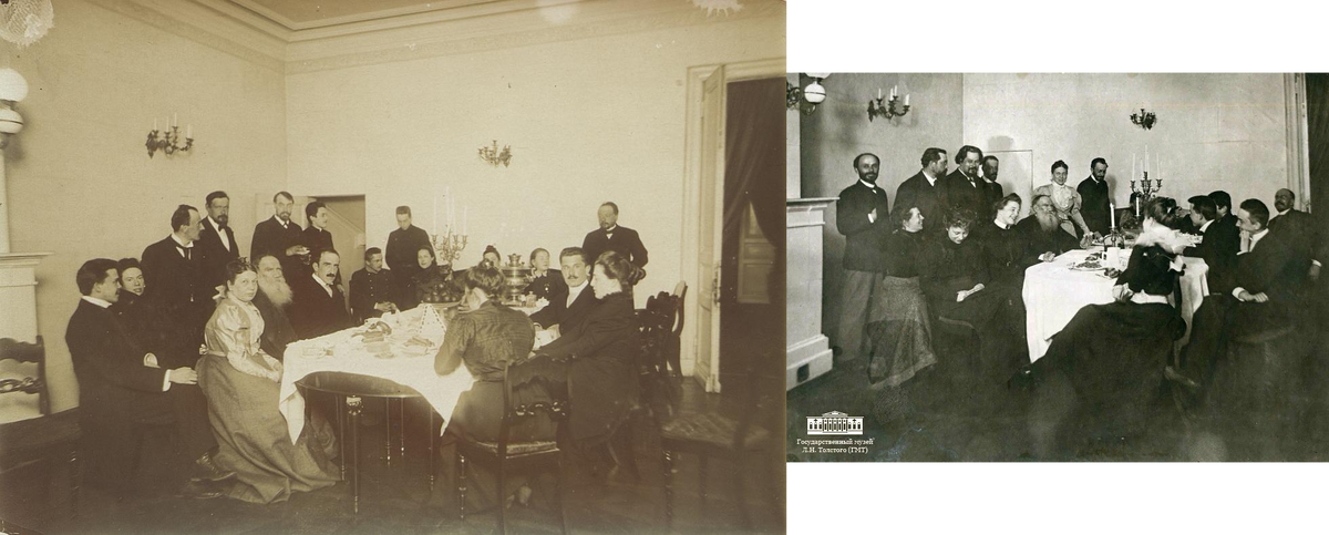 Совмещение двух снимков. Справа - действительно Хамовники. Фото Преображенского "Пасха в Хамовниках". 1898 (или 1897?). Вы видите, как смещена печка, её пропорции, соотношения в нахождении лампы от печки, теней от печки и лампы? И линия пола слева идёт сплошная, несмотря на печку! А что творится на этом снимке на потолке?! Какие-то пятна, потёки...