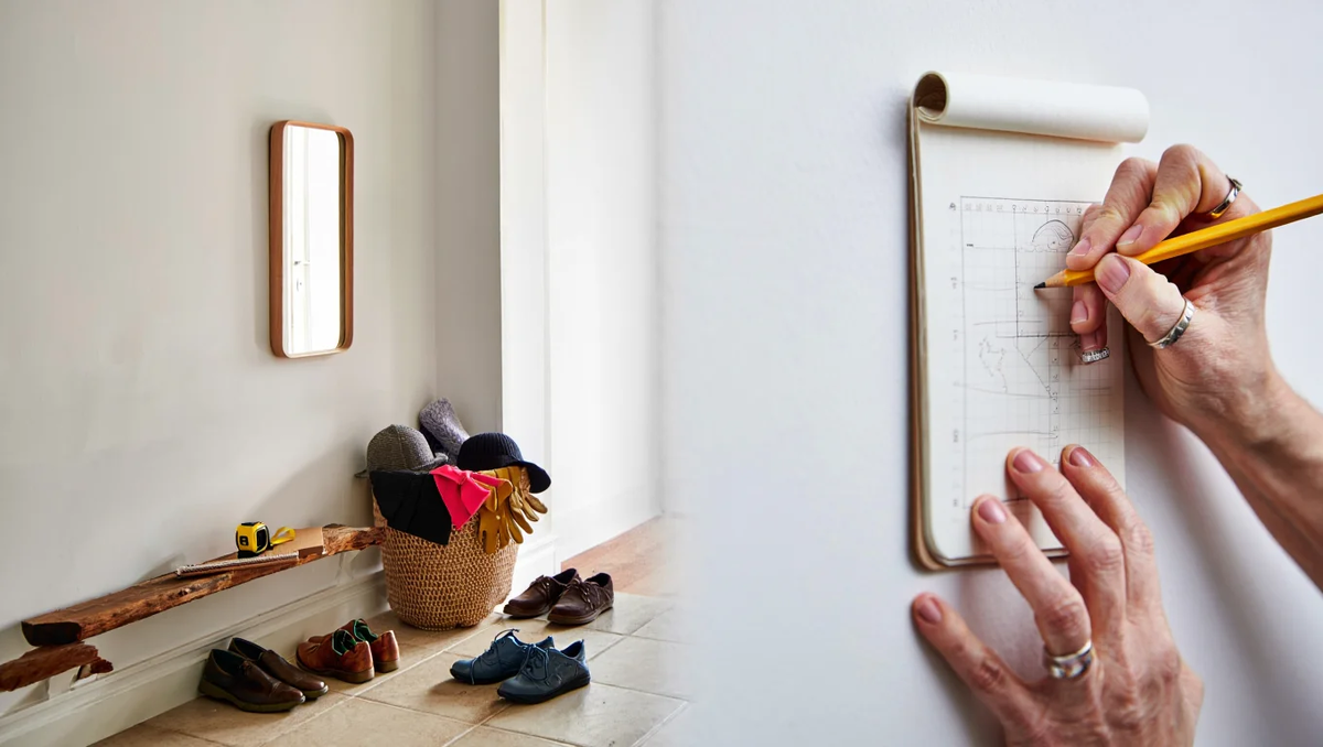 Реалистичная прихожая до изменений — беспорядок, список задач и поиск решений, атмосфера работы над пространством.