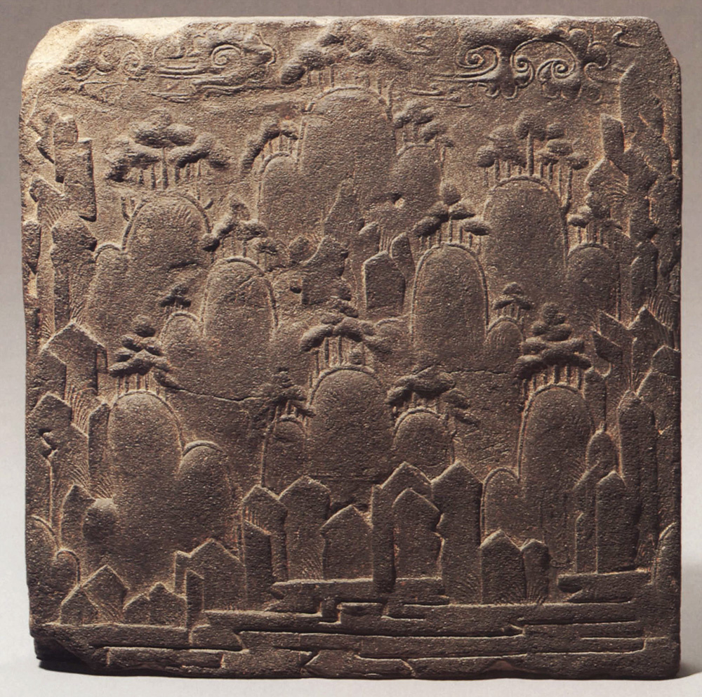 Период троецарствия, королевство Пэкче, керамика начала VII века с рельефным изображением пейзажа, 29,8 × 29,8 см