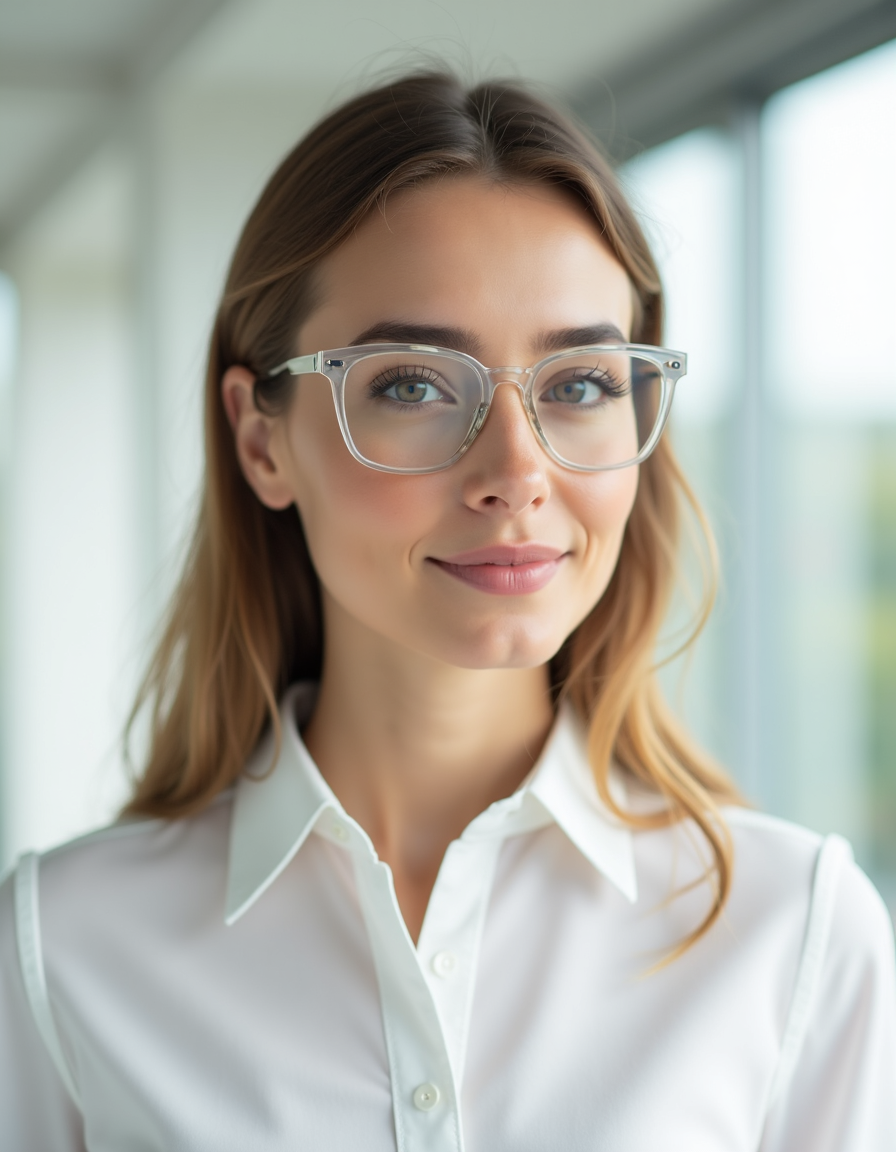 Девушка в очках с прозрачной “ледяной” оправой