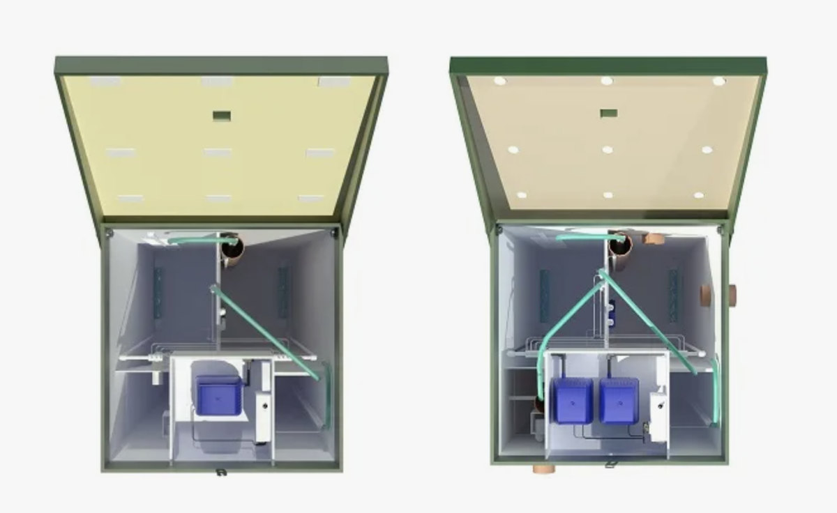 Сравнительное фото двух станций очистки, установленных рядом на участке: одна обычная ТОПАС, вторая — ТОПАС-С. Подписи к каждой.