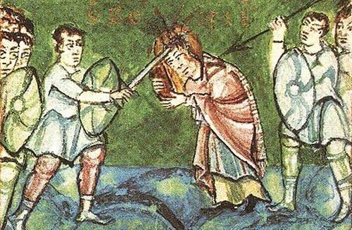 Мученичество св. Внифантия Майнцскаго. Миниатюра, Фульдский сакраментарий, X в.