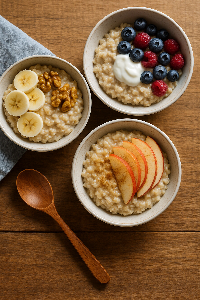 Три варианта сладкой овсянки в красивых тарелках, с ягодами, фруктами и орехами