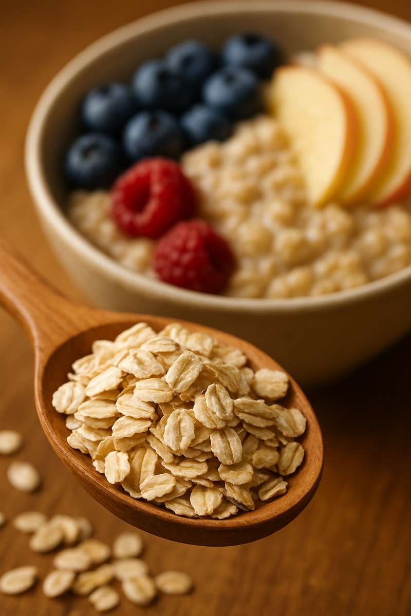 Овсяные хлопья на деревянной ложке и миска с готовой овсянкой и фруктами
