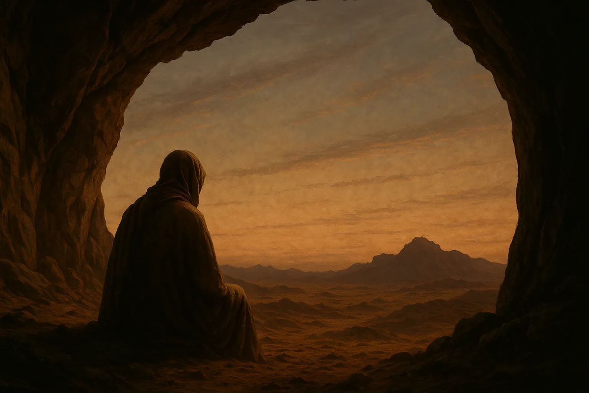 Одинокая фигура в плаще сидит у входа в пещеру, глядя на безбрежную пустыню в сумерках.