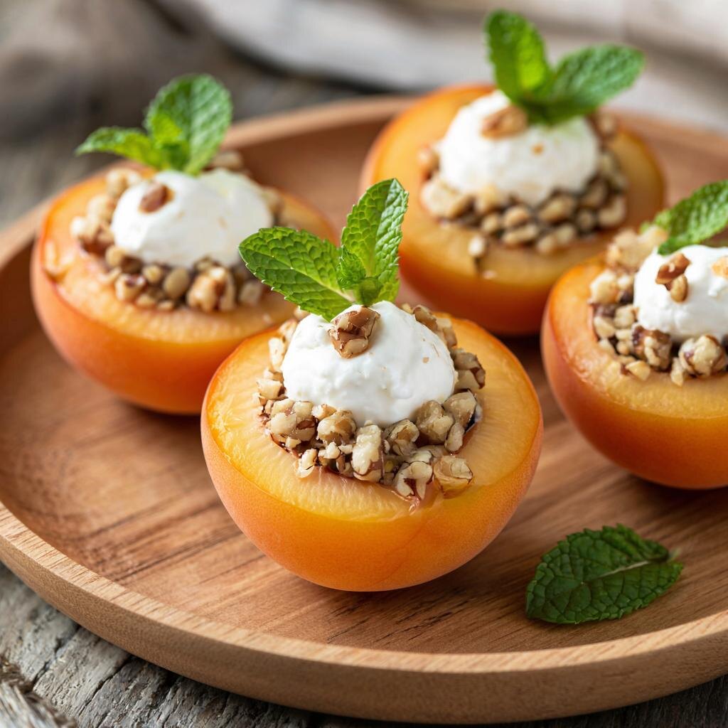 Вот простой и вкусный рецепт десерта из свежих абрикосов — «Абрикосовые лодочки с творогом и орехами».