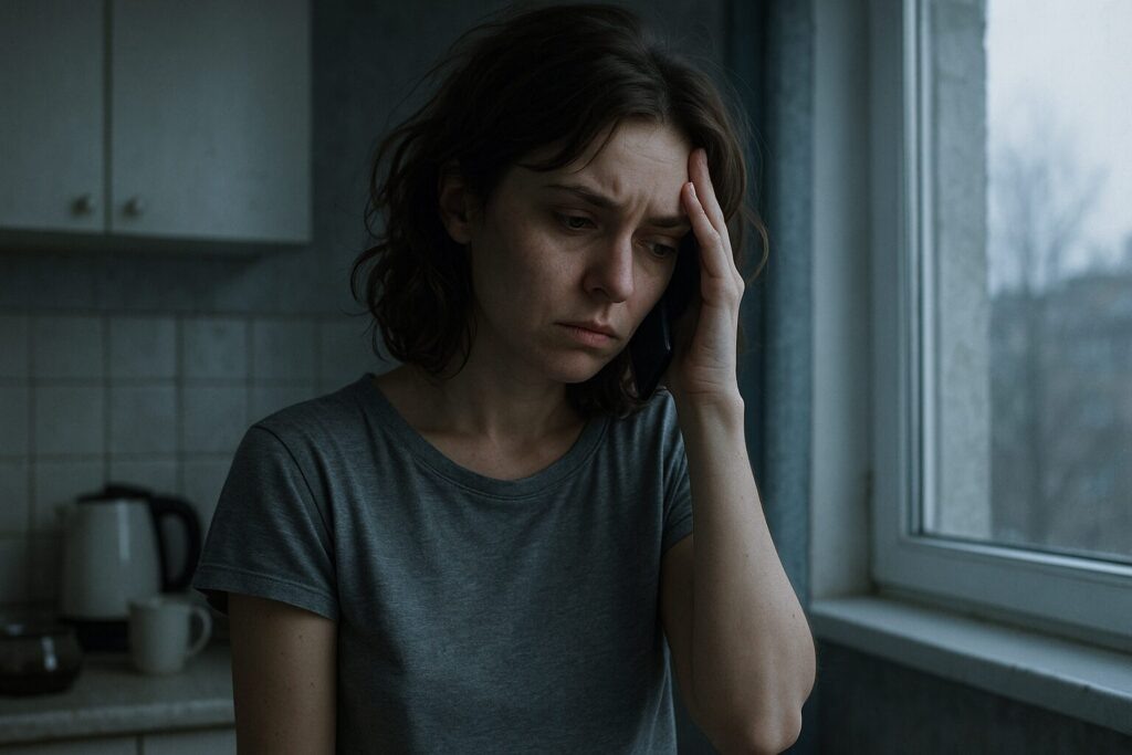    Молодая женщина стоит у окна на кухне в пасмурное утро, с уставшим выражением лица и рукой у виска, в холодном свете, подчёркивающем напряжение и внутреннюю борьбу. Уютный уголок