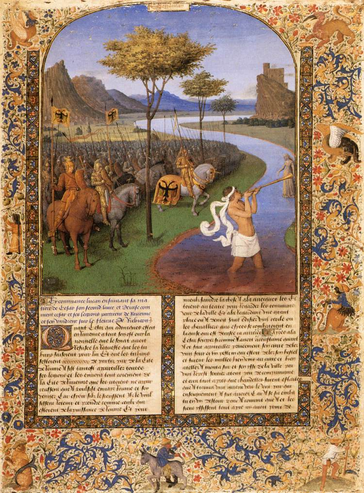 Картина "Цезарь переходит Рубикон", созданная Жаном Фуке и датированная периодом около 1470–1475 годов.