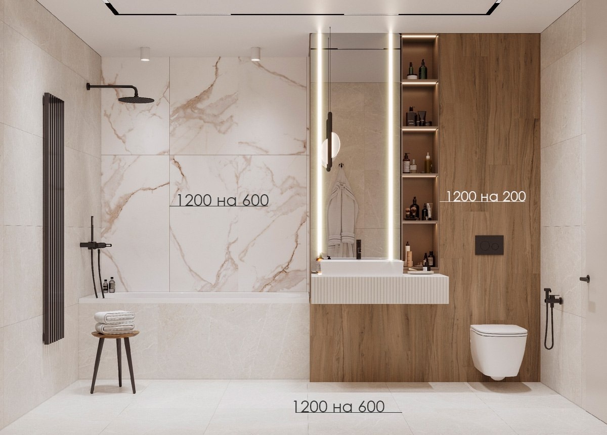 Керамогранит формата 1200х600 на полу и стенах, формата 1200х200 на акцентной стене