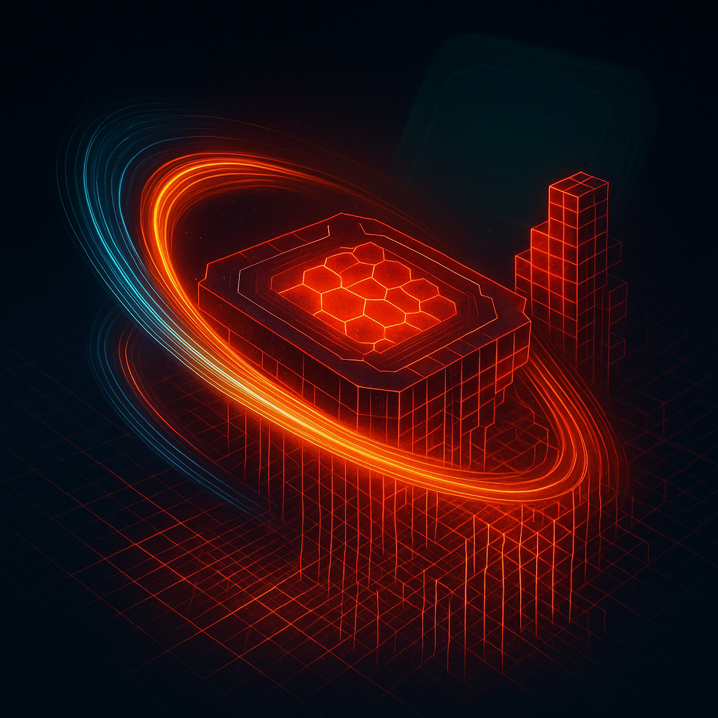 Алый «чиплетный» ядро вспыхивает красно-оранжевым плазменным кольцом — символ 8 ТБ/с HBM3E, а вдалеке растворяется бледно-зелёная тень конкурента, подчёркивая рывок CDNA 4 в вычислительной гонке.