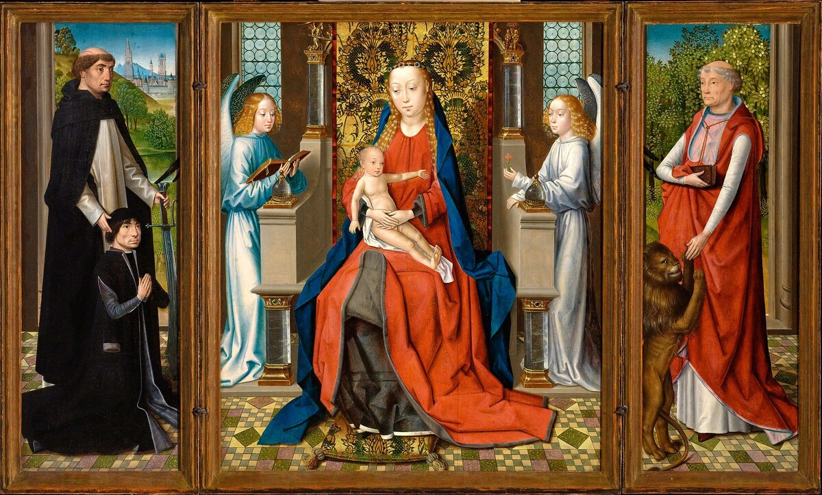 Мастер легенды о святой Люсии. Триптих Мадонны с младенцем и ангелами; Донатор и его покровитель Святой Петр Мученик;  Святой Иероним.